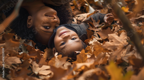 Portrait of happy african american mother and son lying in pile of leaves in garden motherhood childhood togetherness autumn and leisure unaltered : Generative AI