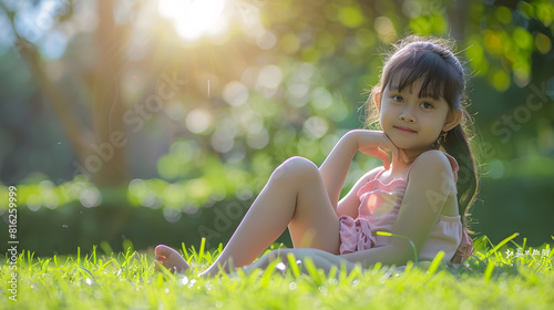 girl relax peacefully on the grass happy childhood of teen girl summer relax in park teen girl sitting outdoor childhood lifestyle of teen relax on summer lawn relaxation on lush green : Generative AI
