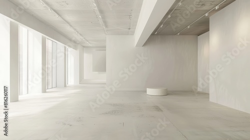 Contemporary empty white gallery or showroom interior with large windows and smooth flooring. Versatile blank space design, perfect for exhibitions, events, or modern interior design showcases