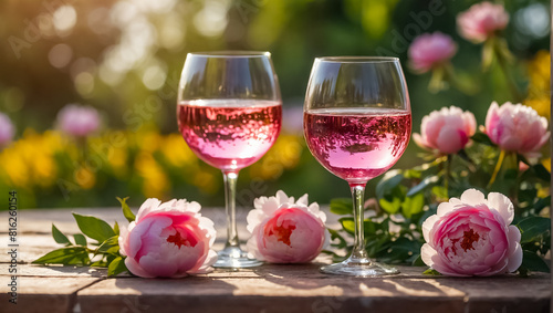 Glasses with pink wine, flowers on the table in nature elegance
