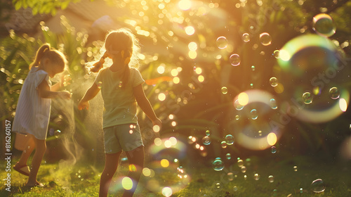 Boy girl and playing with bubbles outdoor in garden backyard or park with happiness family or siblings Children soap bubble game and playful in childhood youth and summer sunshine on h : Generative AI