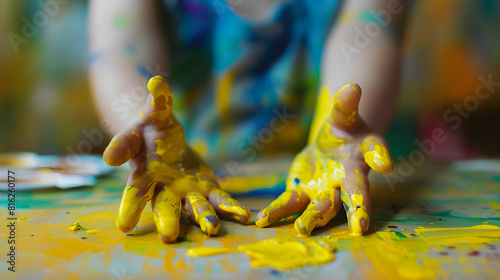 Child painting with her hands on the table at home using yellow paint Finger painting or art therapy for children Fun activities for toddlers : Generative AI photo