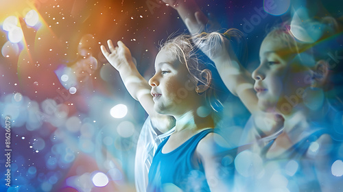 Future famous champions Childhood and dream concept Conceptual image with boy and girls dreaming about big future in sport ballet and gymnastic Creative collage made of photos of 3 kid : Generative AI