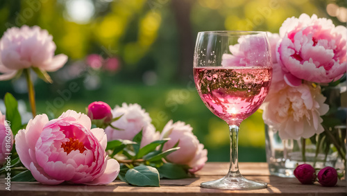 Glasses with pink wine, flowers on the table in nature holiday