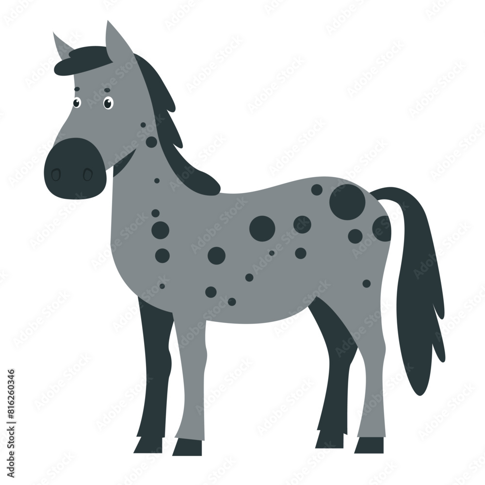Obraz premium Cute gray horse vector illustration, isolated on white background. Donkey in flat style, rural farming, can be used for kids cards or posters.