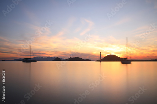 sunset on the beach. Seaside town of Turgutreis and spectacular sunsets. Selective Focus. Long Exposure shoot. tranquility scene.