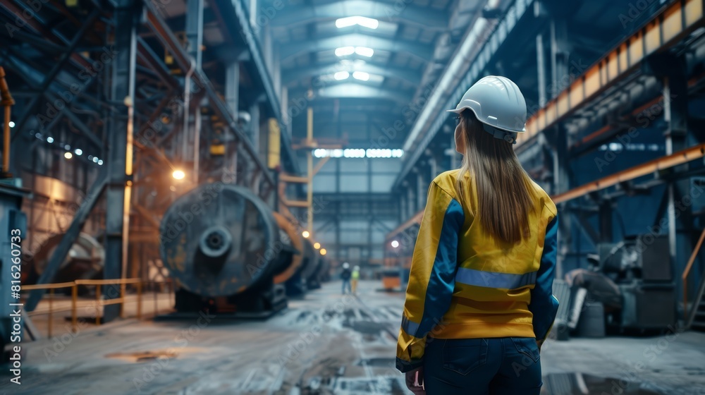 Female industrial engineer in yellow and blue safety gear inside a factory. Inspecting production facility with focus and determination