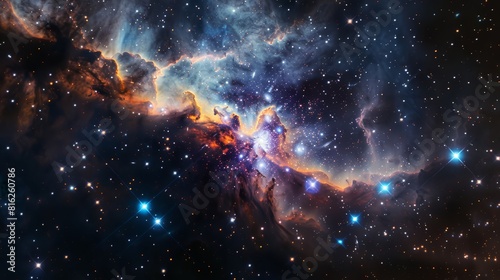 Vivid nebula and star formation in deep space, featuring gas clouds and intense light. High-resolution space photography photo