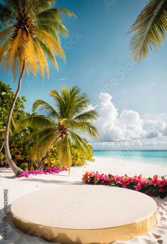 Golden product podium on beach with palm trees and sea Surrounded by tropical flower Poster Social Template Background Vertical Generative AI