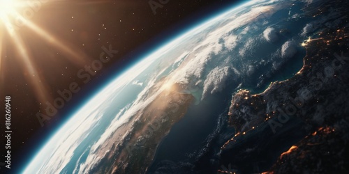 Sun shining over a high detailed view of Planet Earth from space  landscape orientation