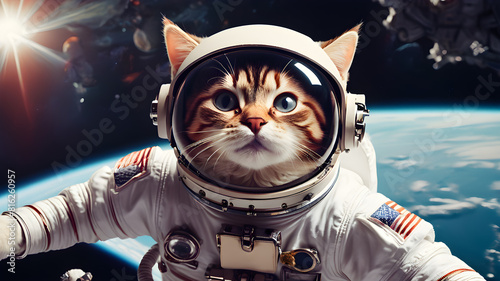 Astronaut cat flying in space, Generative AI