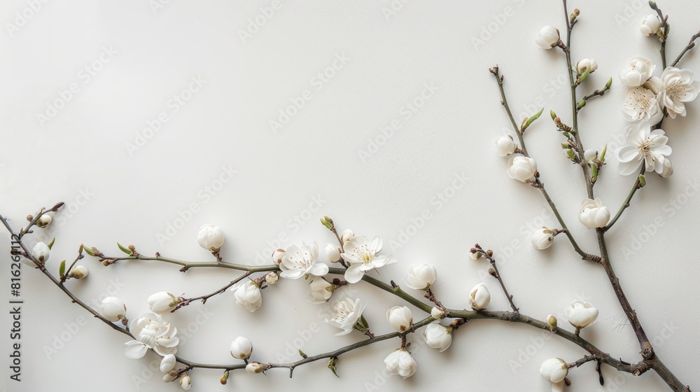 Elegant branch adorned with white flowers and eggs set against a white backdrop Simple design with space for writing Elegant branch adorned with white flowers and eggs set against a white backdrop Simple design with space for writing
