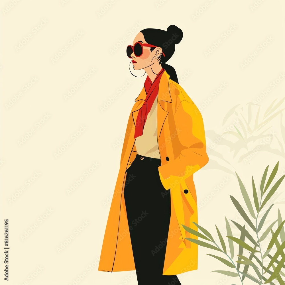 Create a vector illustration of a woman wearing a yellow coat, black pants, and red sunglasses Create a vector illustration of a woman wearing a yellow coat, black pants, and red sunglasses