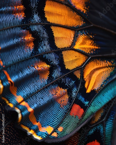 Generate an image of a butterfly wing, with intricate details and vibrant colors