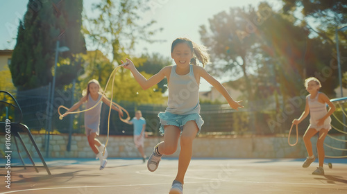 Happy kids play outdoor Children skipping rope in sunny garden Summer holiday fun Group of school children playing in park playground Healthy outdoors activity Sport for child : Generative AI photo