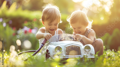 Two happy children playing with big old toy car in summer garden outdoors Kid boy refuel car with little toddler girl cute sister inside Boy using garden hose and fill  with gasoline s : Generative AI photo