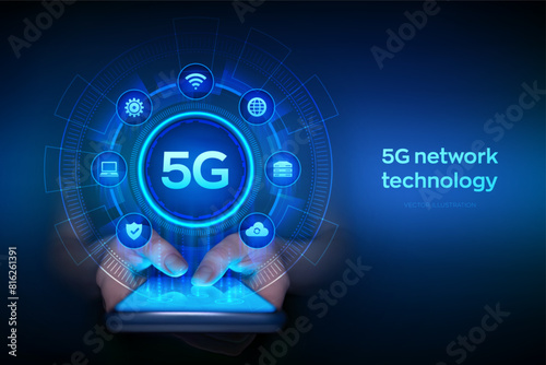 5G network wireless systems. IOT Smart city communication network. 5G wireless mobile internet wifi connection concept. Smartphone in hands. Using smartphone. Vector illustration.
