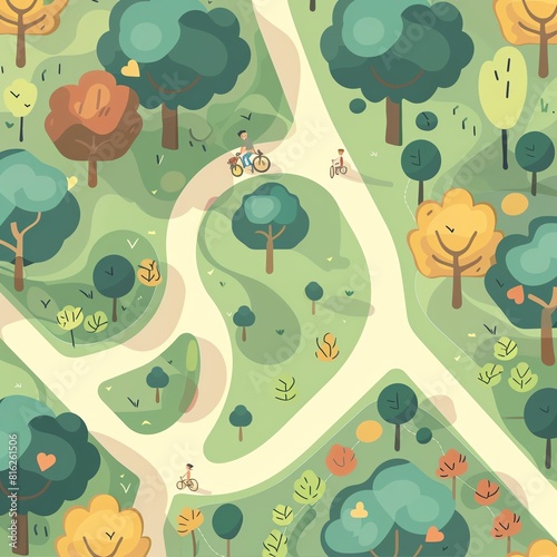 Create a map of a park with a path that winds through it.  Include 3 people riding bikes on the path. Make the image colorful and fun.