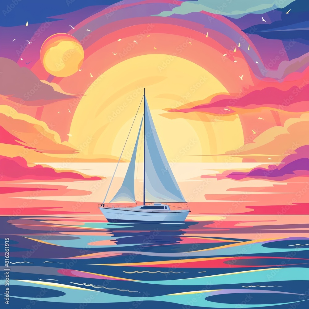 Naklejka premium A beautiful sunset over the ocean. The sky is a gradient of orange, pink, and purple, and the water is a deep blue. A lone sailboat is silhouetted against the setting sun.
