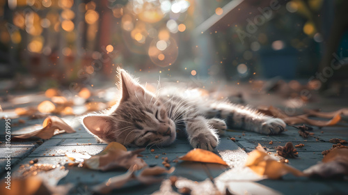 Little kitten toy laying on the laminate floor of gazebo in the garden in autumn day Somebody throw out it Concept of uselessness past childhood Close up image : Generative AI photo