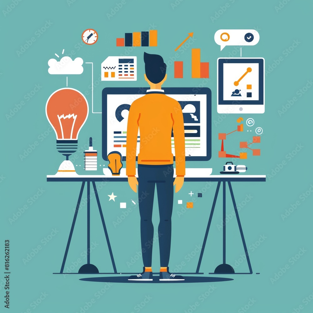 A man standing in front of a computer. He is looking at a light bulb. There are some graphs and charts on the wall. A man standing in front of a computer. He is looking at a light bulb. There are some graphs and charts on the wall.