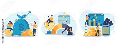 Cost optimization concept set. Idea of financial and marketing strategy. Cost and income balance. Spending and cost reduction, while maximizing business value. Isolated flat illustration vector