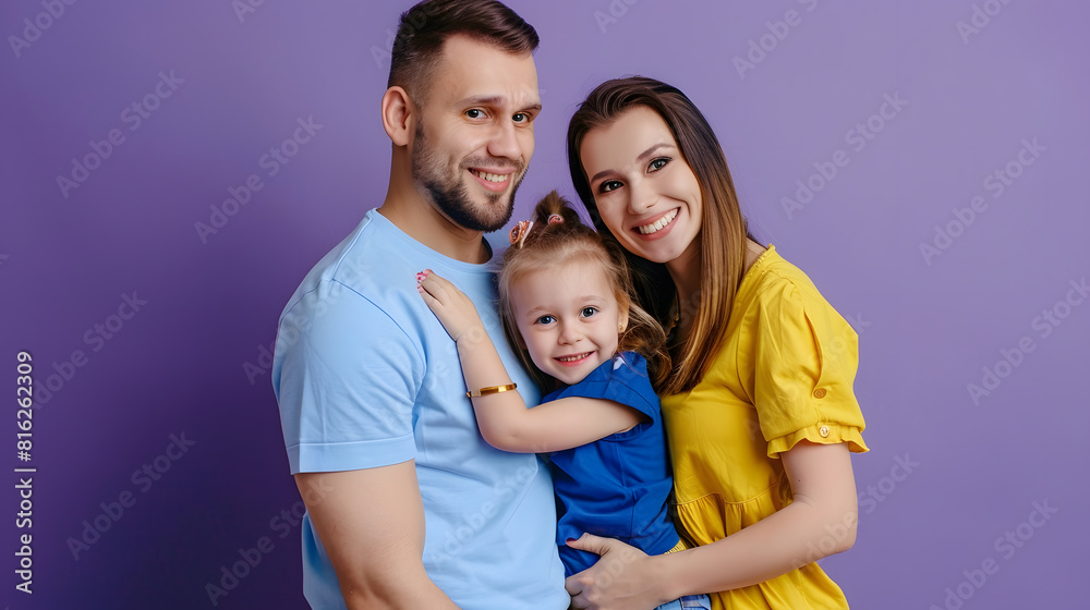Side view young smiling fun happy parents mom dad with child kid girl 6 years old wear blue yellow casual clothes hold daughter looking camera isolated on plain purple background Famil : Generative AI Side view young smiling fun happy parents mom dad with child kid girl 6 years old wear blue yellow casual clothes hold daughter looking camera isolated on plain purple background Famil : Generative AI
