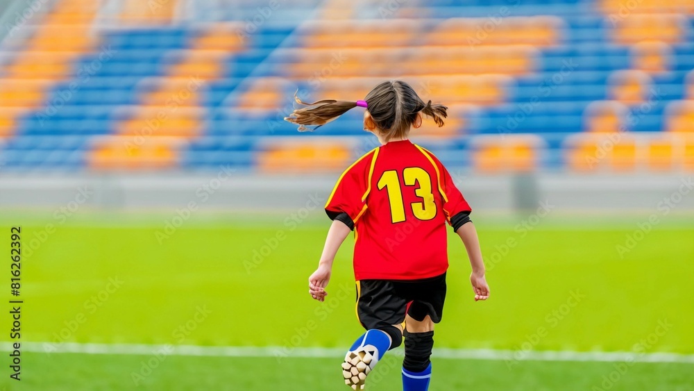Obraz premium A young girl football player in colors of national spain football team plays with her feet a soccer ball. illustrations in cartoon style on sport stadium background for children