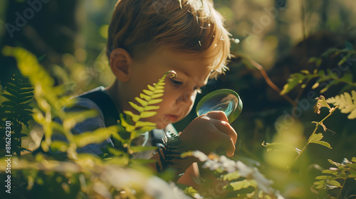 Preschooler boy is exploring nature with magnifying glass Little child is looking on leaf of fern with magnifier Summer vacation for inquisitive kids in forest Hiking Boyscout : Generative AI photo