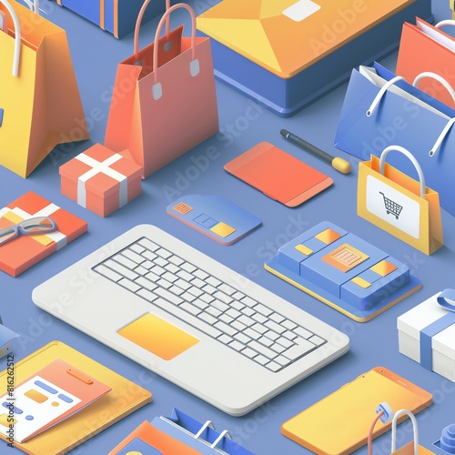 isometric illustration of online shopping, with a laptop, credit cards, gifts, and shopping bags.