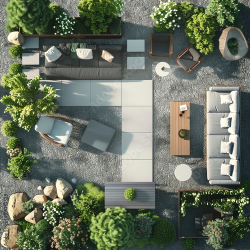 Top view of a modern garden with a patio, plants, trees, and furniture.
