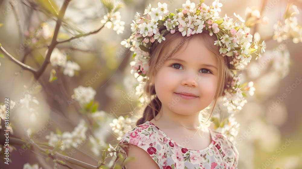 Smiling child girl wear floral wreath and dress posing over blooming tree outdoor at nature background Looking at camera Childhood Springtime : Generative AI