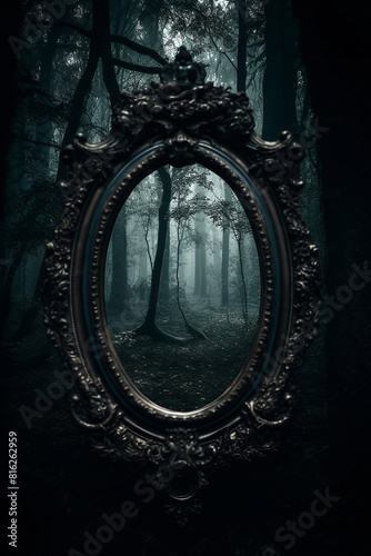 vintage mirror in a dark forest generative ai © OsmanGoni
