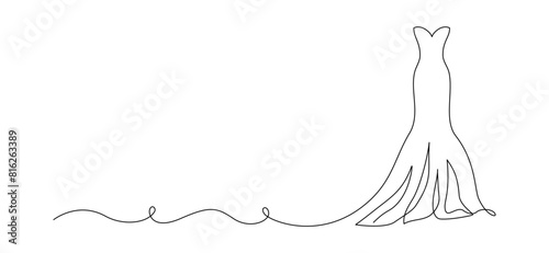 Wedding dress in one continuous line drawing. Fashion clothes symbol for bridal shop and invitation design in simple linear style. Editable stroke. Doodle vector illustration