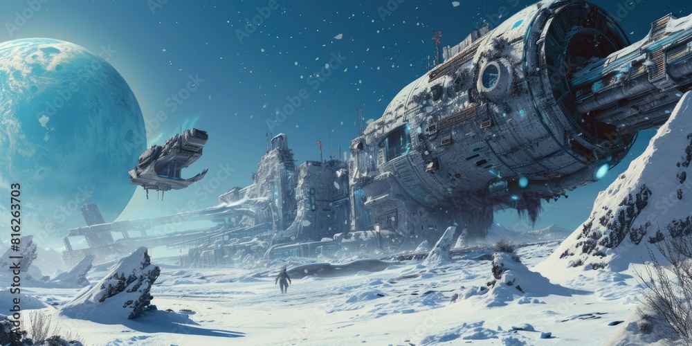 A futuristic space station sprawls across a harsh icy landscape, with a spacecraft approaching under the watchful gaze of a distant planet. Resplendent.