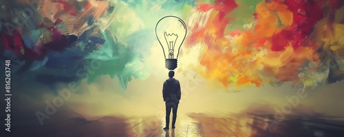 Man facing colorful abstract painting with bulb