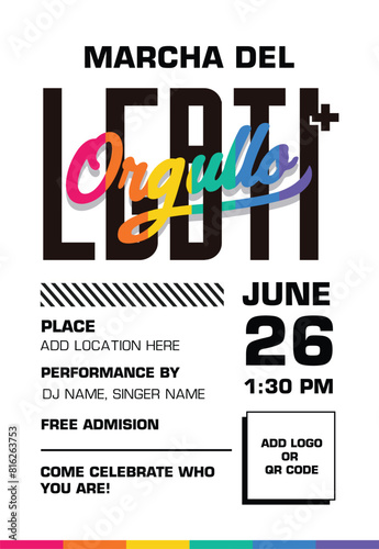 VECTORS. Editable poster for the LGBTI+ Pride Parade in Spanish (Marcha del Orgullo LGBTI+). Invitation, flyer, ad, white background, clean look, geometric