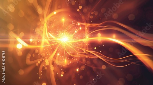 An abstract representation of an electron jumping between energy levels releasing a burst of light as a photon.