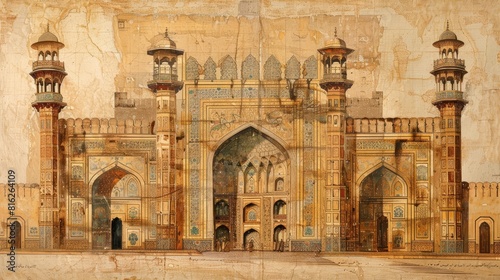 A detailed architectural drawing of a Mughal fortress, showing the complex design of its gates, bastions, and decorative elements, Close up