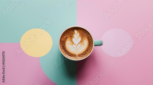 a cup of coffee, top view, on the sides of the photo and an oval bubble to write a text with a pastel background and the background of the color photo, mock up product - 1