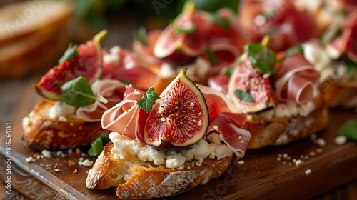 Bruschetta with fig, prosciutto, and goat cheese, fresh foods in minimal style