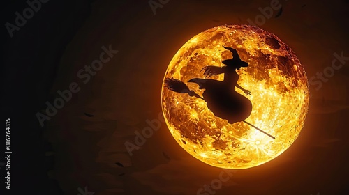 A dramatic image of a witch flying on a broomstick against a full moon, her silhouette stark against the glowing orb on Halloween night, Close up