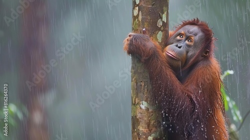 A dramatic moment capturing an orangutan climbing up a towering, vinecovered tree during a light rain shower in the wild, Close up photo