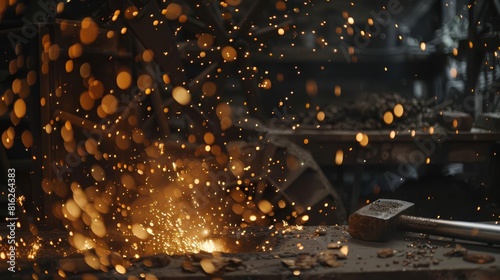 A dramatic scene of a silversmith at work, forging a silver sword in a dimly lit workshop, sparks flying as the hammer strikes, Close up