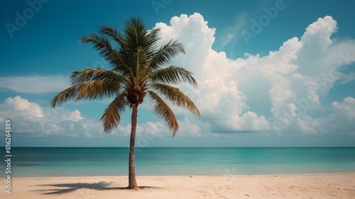 Abstract blue sky and white clouds with a palm tree on a tropical beach. Copies of the notion of business and summer travel spaces. Color style with a vintage tone filter effect