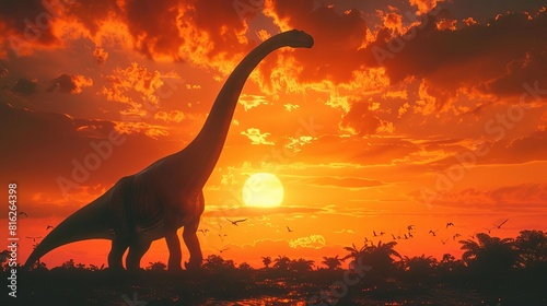 Fototapeta Naklejka Na Ścianę i Meble -  A dramatic sunset scene with a silhouette of a Brachiosaurus, its neck stretching towards the fading sun, set in a prehistoric landscape, Close up