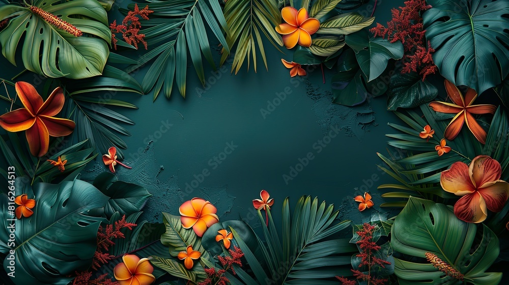 Tropical jungle with flower copy space, whimsical colorful photorealistic jungle vegetation vignetted background.