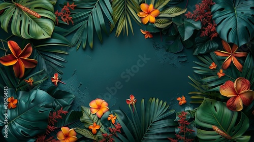 Tropical jungle with flower copy space  whimsical colorful photorealistic jungle vegetation vignetted background.