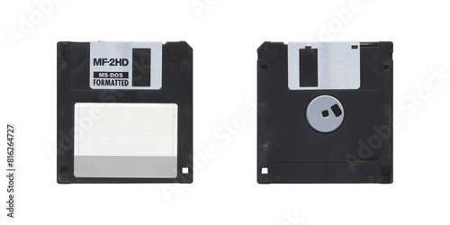 Isolated Retro 3.5” Floppy Disk with front and back side on transparent background, old vintage storage png diskette photo