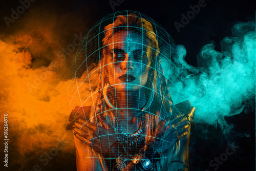 Vertical creative collage image mysterious dangerous valkyrie faceart woman pray scan face beauty device skin analyzing photo